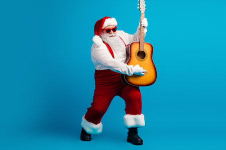 Santa Claus plays guitar in a festive studio scene against a bright blue background for holiday music fun and Christmas inspirationの写真素材