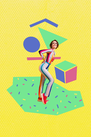 Banner 3d sketch image collage of happy girl dance geometric figure dancehall celebration weekend chill relax occasion musicの写真素材