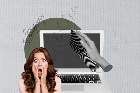 Collage portraying smartphone addiction and manipulation through digital lies and hypnotic propaganda illusionsの写真素材