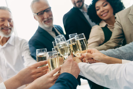 Professional colleagues toasting with champagne glasses during a collaborative corporate celebration in a modern officeの写真素材