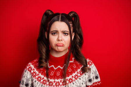 Young woman with ponytails wearing a festive red and white Christmas sweater stands against a bold...