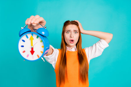 Photo of stressed depressed woman wear trendy orange clothes sound bell ring clock miss work...