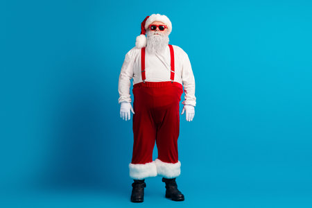 Santa Claus in red suit with white beard and hat stands against a blue studio background ready for Christmas celebrationsの写真素材