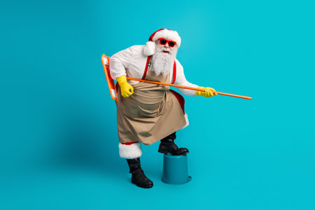 Santa in apron and hat with yellow gloves posing on a stool holding a long orange pole for a playful Christmas season sceneの写真素材