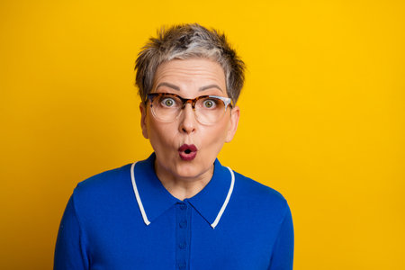 A mature female model with short gray hair and glasses wears a blue polo shirt and shows a surprised expression against a vivid yellow backdrop, ideal for lifestyle, advertising and fashion contexts.