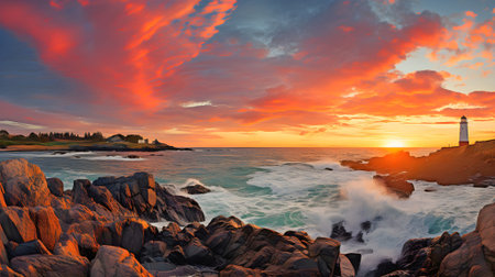Awe-Inspiring Lighthouse: Coastal Landscape, Waves, Seagulls, and Vibrant Sunset | Photography Embracing Nature's Beauty and Guiding Lightの素材