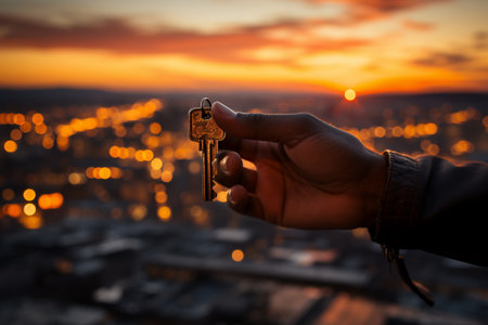 Businessman holding key model. Key of Success business concept, in the style of golden light, minimalist photography, generative aiの素材