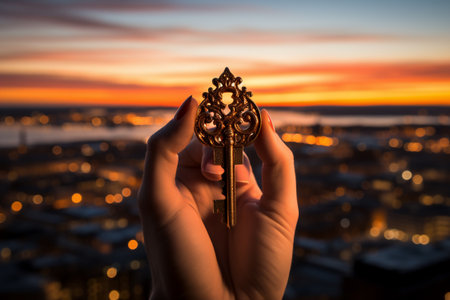 Businessman holding key model. Key of Success business concept, in the style of golden light, minimalist photography, generative aiの素材