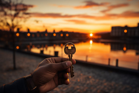 Businessman holding key model. Key of Success business concept, in the style of golden light, minimalist photography, generative aiの素材