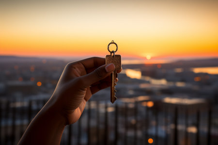 Businessman holding key model. Key of Success business concept, in the style of golden light, minimalist photography, generative aiの素材