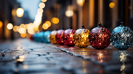 About a lots of small Christmas balls decorated on night street light. Generative ai.の素材