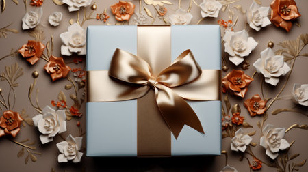 About a giftbox background decorated with floral shape elements. Generative ai.の素材
