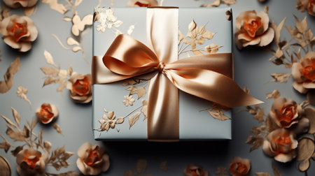 About a giftbox background decorated with floral shape elements. Generative ai.の素材