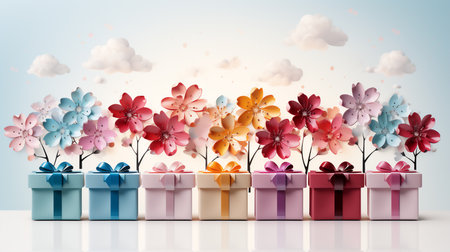 About papercut art of giftbox, giftbox on white background,pastel color. Generative ai.の素材