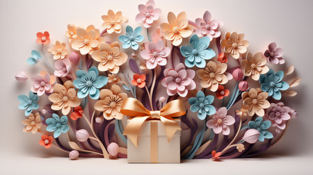 About papercut art of giftbox, giftbox on white background,pastel color. Generative ai.の素材