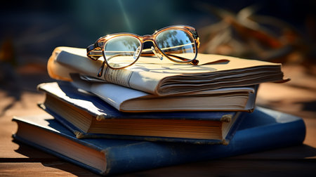 About pile of books and transparent glasses. Generative aiの素材