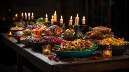 About thanksgiving dinner scene, a large wooden table adorned with a feast of turkey. Generative aiの素材