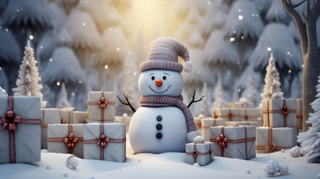 About many giftboxes surround snowman and snow field. Generative aiの素材