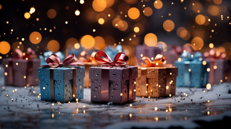 About many giftboxes multicolor in front of the door. Generative aiの素材