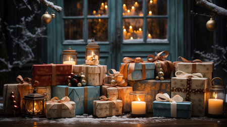 About many giftboxes multicolor in front of the door. Generative aiの素材