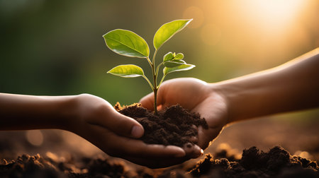 About woman hold young plant and soil with sun in background. Generative aiの素材