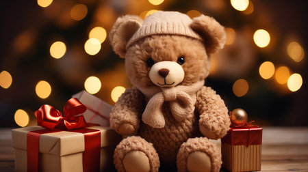 About bear doll holding giftbox in room with warm lighting and pine tree. Generative aiの素材