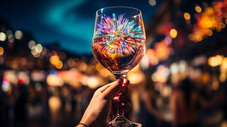 About hand of peoples show wine glass,with multicolor festival fireworks behind, generative ai.の素材