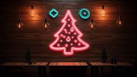 About neon sign on wall of pine tree icon and christmas ball icon. Generative aiの素材