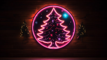 About neon sign on wall of pine tree icon and christmas ball icon. Generative aiの素材