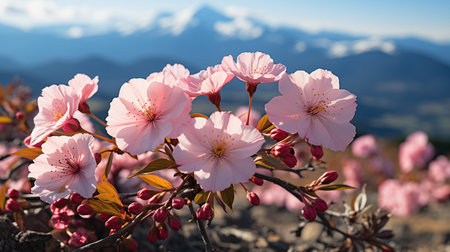 About a mountainous landscape with cherry blossoms at different altitudes. Generative aiの素材