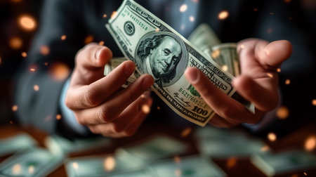 About closeup dollar banknotes, catching by businessman, generative ai.の素材