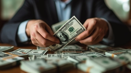 About closeup dollar banknotes, catching by businessman, generative ai.の素材