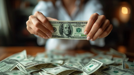 About closeup dollar banknotes, catching by businesswoman, generative ai.の素材