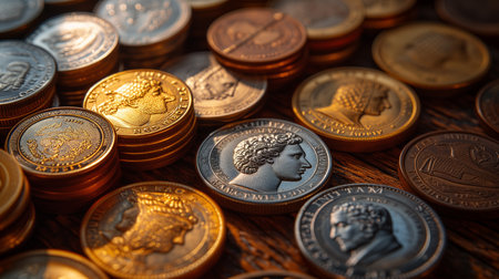 About  gold coin, silver coin and bronze coin, neatly arranged on a rustic wooden table, Generative aiの素材