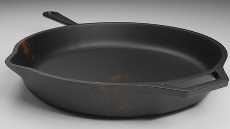 cast iron pan with a few rust spots isolated on white 3d illustrationの写真素材