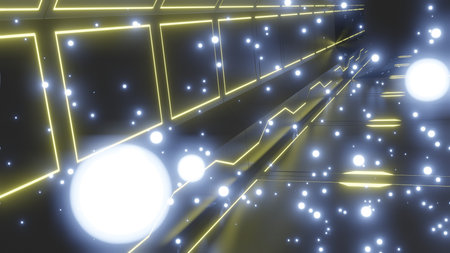 abstract futuristic metallic floor with colorful glowing neon circuits embedded in the floor and walls and glowing orbs of light 3d illustrationの写真素材