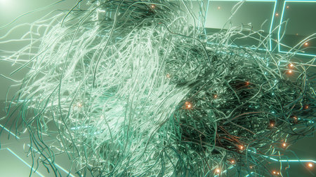 futuristic abstract objects and metallic abstract shapes with glowing embers and sci-fi digital neon shapes on floor 3d renderの写真素材