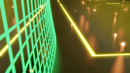 Sci-fi 3d rendering of single green glowing particle on floor with futuristic glowing designs and green glowing particles in backgroundの写真素材