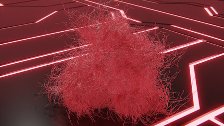 futuristic abstract objects and metallic abstract shapes with glowing embers and sci-fi digital neon shapes on floor 3d renderの写真素材