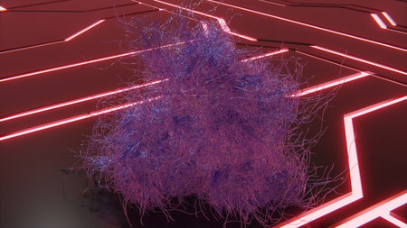 futuristic abstract objects and metallic abstract shapes with glowing embers and sci-fi digital neon shapes on floor 3d renderの写真素材