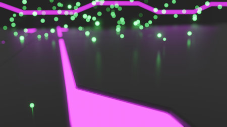 Sci-fi 3d rendering of single green glowing particle on floor with futuristic glowing designs and green glowing particles in backgroundの写真素材