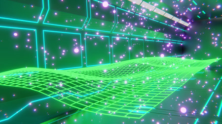 Sci-fi 3d rendering of single green glowing particle on floor with futuristic glowing designs and green glowing particles in backgroundの写真素材