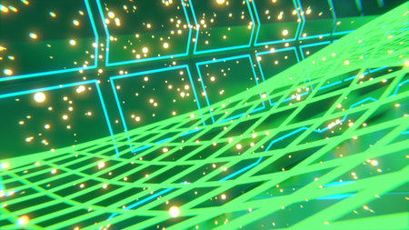 Sci-fi 3d rendering of single green glowing particle on floor with futuristic glowing designs and green glowing particles in backgroundの写真素材