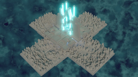 blue glowing orb of energy in background among temples background 3d renderingの写真素材