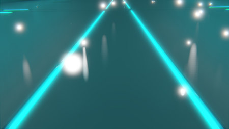 sci-fi neon blue colored glowing lines on floor converging to a point 3d renderの写真素材