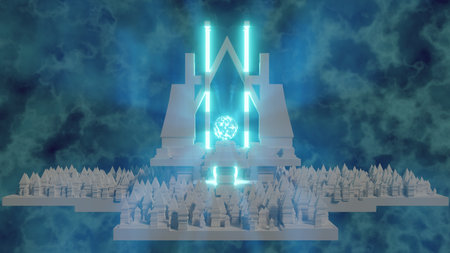 blue glowing orb of energy in background among temples background 3d renderingの写真素材