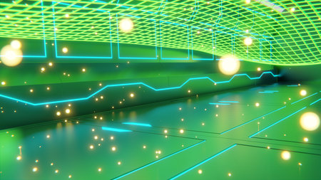 Sci-fi 3d rendering of single green glowing particle on floor with futuristic glowing designs and green glowing particles in backgroundの写真素材