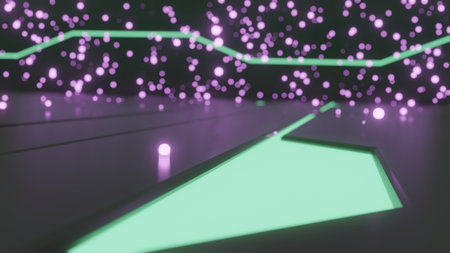 Sci-fi 3d rendering of single green glowing particle on floor with futuristic glowing designs and green glowing particles in backgroundの写真素材