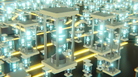 futuristic abstract object with glowing red core simulating energy with neon green digital shapes on floor 3d renderingの写真素材
