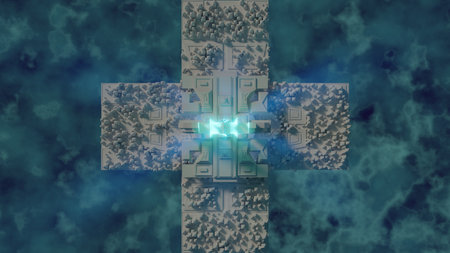 blue glowing orb of energy in background among temples background 3d renderingの写真素材